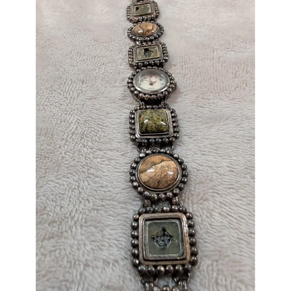 Vintage Mixed Stone Panel Bracelet Watch Silver Tone Japan‎ Quartz Boho Style